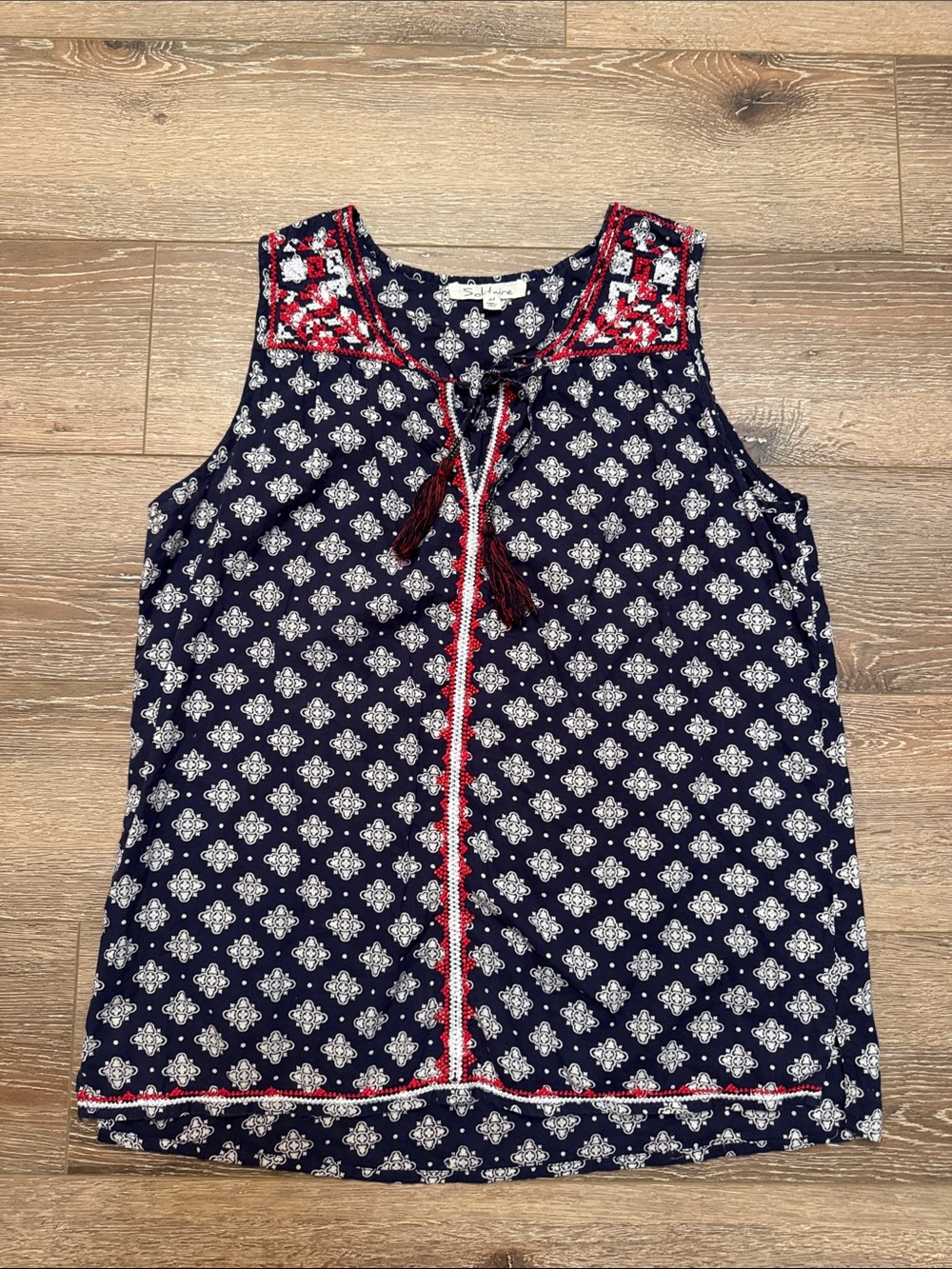 Solitaire Navy and White Printed Sleeveless Top with Red Accent